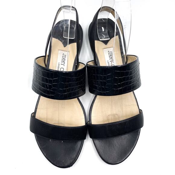 Jimmy Choo Seia Slingback‎ Sandals Black Strappy Flat Croc Leather Sz 37 / 7 - Picture 2 of 11